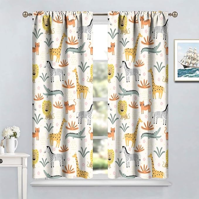 Wild Animals Curtains, Cute Cartoon Animals Zoo with Lion Zebra Crocodile Cat and Giraffe Tropical Jungle Plant Print Window Treatments for Kids Boys Girls Bedroom Living Room 63x72in