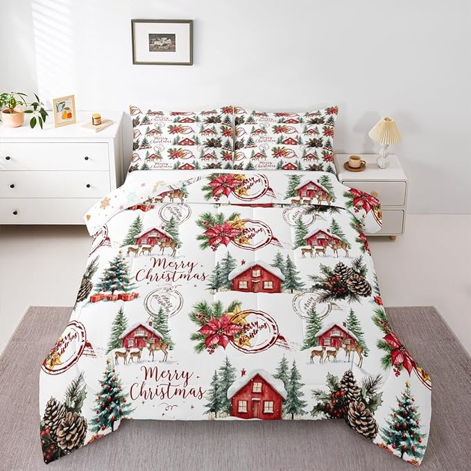 Merry Christmas Kids Bedding Set Queen Size,Poinsettia Winter Xmas Pine Tree Comforter Set,Snowflake Rustic Farmhouse Quilt Comforter,Red Green White Bedroom Duvet Insert,2 Pillowcases