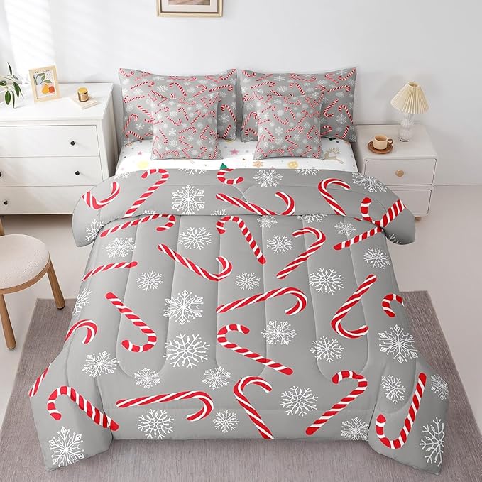 Erosebridal Xmas Candy Cane Queen Bedding Set 7 Piece,Merry Christmas Bed in A Bag for Kids Boys Girls,Winter Snowflake Comforter Set Grey Christmas Ornaments Sheet Set with Comforter