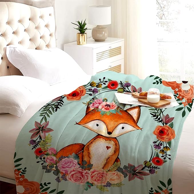 Fox Blanket Flower Fox Print Throw Blanket Ultra Soft Flannel Blankets Gifts for Kids Adults 60"x50"