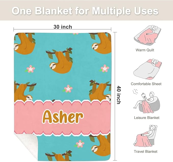 Sloth and Flower Personalized Receiving Sherpa Fleece Baby Blankets for Girls Boys Kids, Swaddle Blankets Gift for Newborn Crib Infants 30x40 Inches
