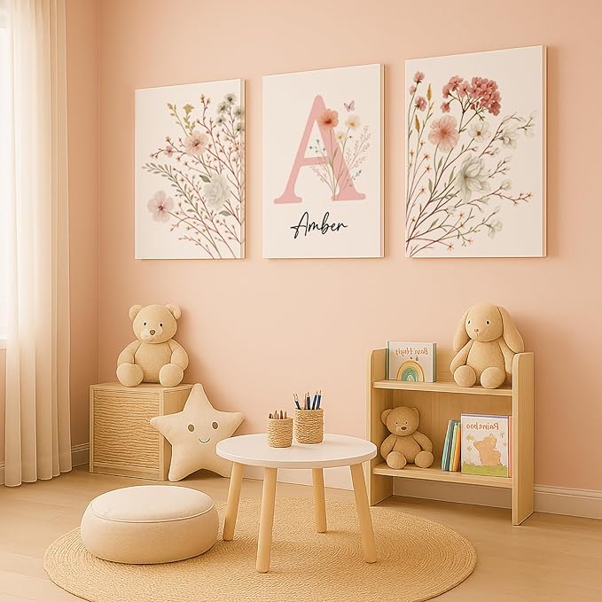 Personalized Girls Nursery Wall Art - Custom Name Pink Floral Butterfly Canvas Print 3pc Framed Wrapped Canvas for Bedroom Living Room Entryway Study Room Initial Wall Decor Baby Shower Birthday Easter Graduation New Year Valentine's Day Gift (20×30cm/...