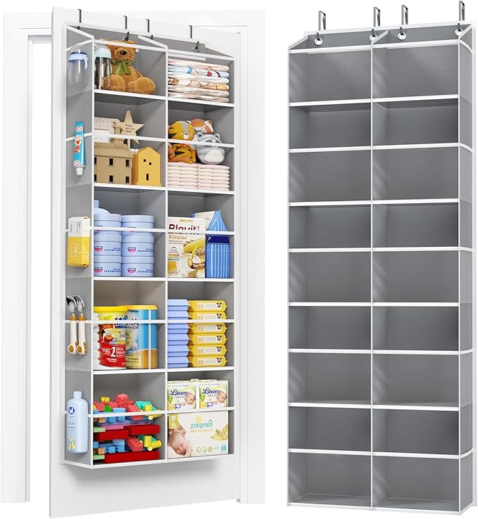 PureSpace 5-Tier Over The Door Organizer with 10 Side Mesh Pockets & Clear Windows, 80 lb Weight Capacity Hanging Storage for Bathroom, Bedroom, Nursery, Kitchen, Organizer Toys (Grey Clear wind)