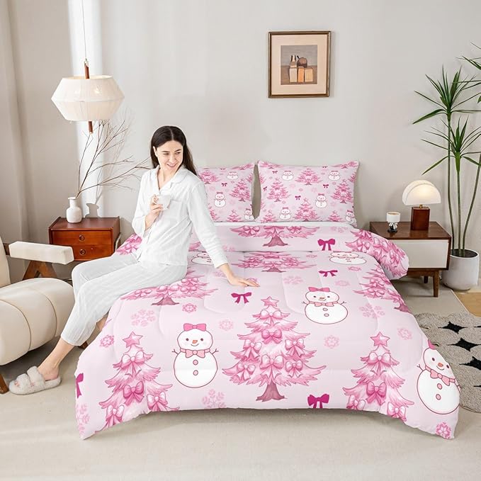 Feelyou Merry Christmas Bedding Set Soft for Boys Girls, Cute Snowman Comforter Set Queen Size Cartoon Bowknot Duvet Quilt Microfiber Christmas Tree 3 Pcs with 2 Pillow Cases