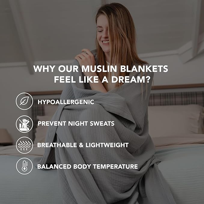 Goqan Muslin Blanket Twin 55x79 – 100% Cotton 4 Layer Boho Muslin Blanket for Adults, Lightweight, Soft, Breathable, for Bed, Couch - Light Grey