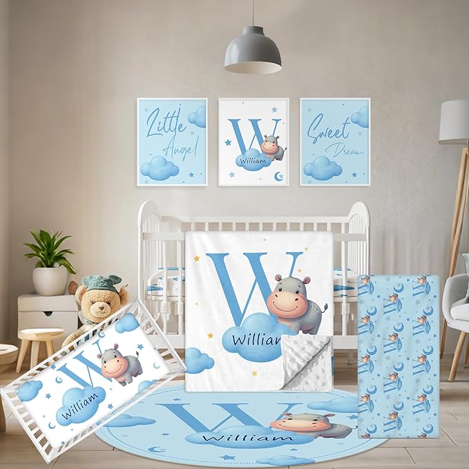 Custom Crib Bedding Set, 5 Pcs Personalized Name Baby Crib Sets for Newborns Infants Toddlers, Blue Hippo Nursery Bedding Set for Boys Girls, Double Layer Baby Bedding Sets Customized Gifts