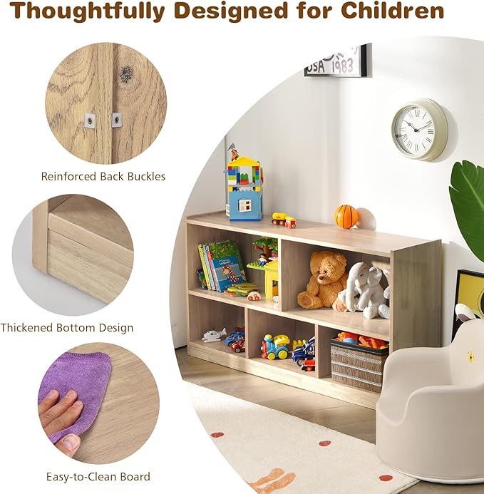 Costzon 2-Shelf Bookcase for Kids, Wooden Toy Storage Organizer for Books Toys, 5-Section Freestanding Classroom Daycare Montessori Bookshelf for Preschool, Home Playroom & Kindergarten (Natural)