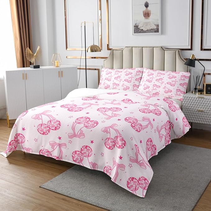 Bowknot Princess Kids Bedspread King Size,Disco Crystal Ball Western Cowgirl Coverlet Set,Girls Women Room Decor,Starry Sky Bow Tie Romantic Quilted Coverlet,Pink Girly Bedding Quilt,2 Pillowcases
