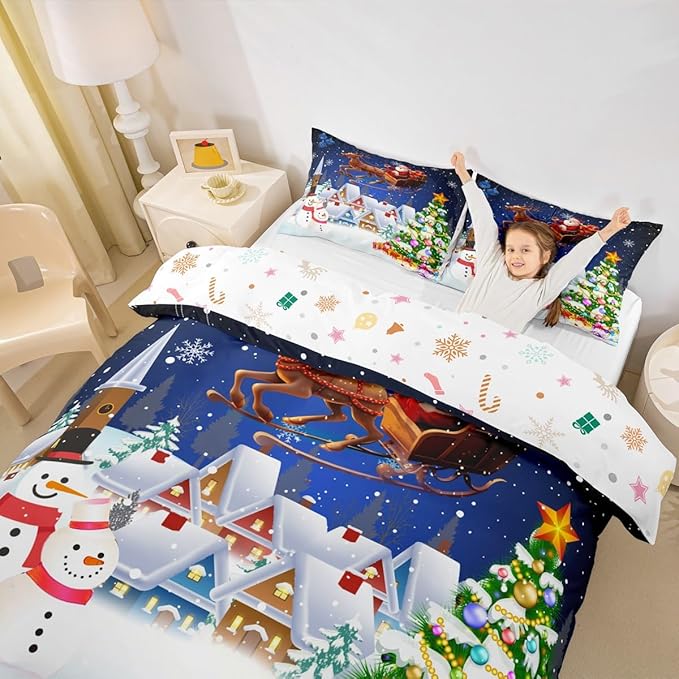 Manfei Christmas Duvet Cover Set Full Size, Snowman Xmas Tree Santa Claus Bedding Set 3pcs, Reversible Winter Snow Cabin Holiday New Year Quilt Cover with Zipper Closure, 2 Pillowcases, No Comforter