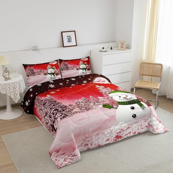 Feelyou Kids Merry Christmas Decorations Queen Size Comforter Set Xmas Snowman Bedding Set Red Quilt Set Soft Warm Lightweight Duvet Set