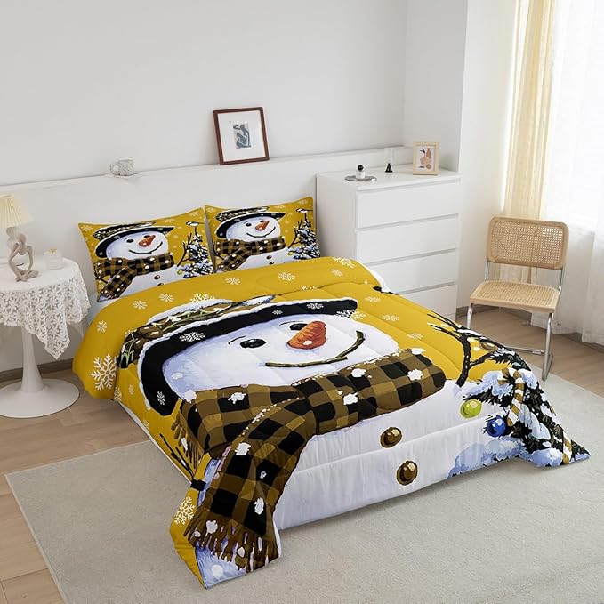 Feelyou Kids Christmas Theme Decorations Bedding Set Xmas Snowman Comforter Set for Boys Girls Snowflake Kawaii Cute Comforter Bright Yellow Quilt Set Bedroom Collection Queen Size