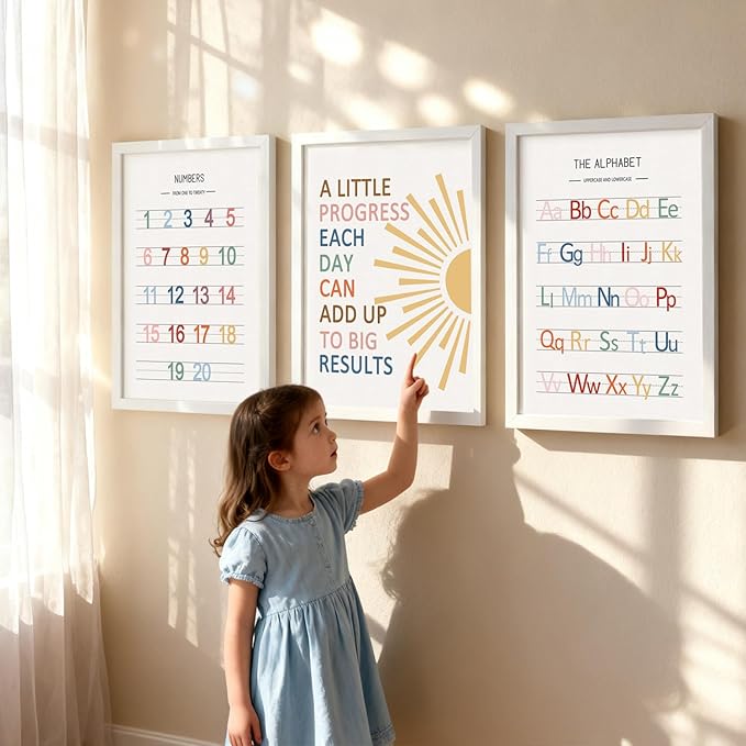 3 PCS Alphabet Numbers Framed Playroom Wall Decor,Classroom Must Haves,A Little Progress Each Day Boho Educational ABC Poster Wooden Sign for Baby Girl Kid Boy Toddlers,Neutral Preschool English Letters Nursery Decor for Homeschool Kindergarten Kids Le...