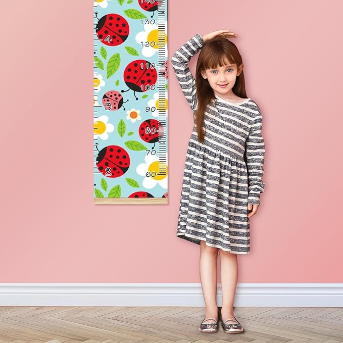 Personalized Kids Name Growth Chart Ruler for Wall Wood Frame Height Measure Chart 13.4x56 in Linen Hanging Height Growth Chart Ladybugs and Flowers Kids Room Decor