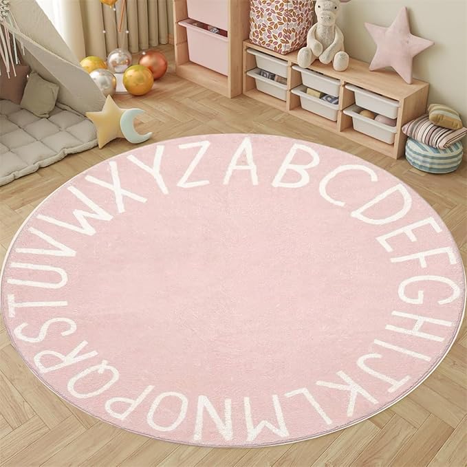 Round ABC Rug-5ft Children Education and Learning Fun Carpet, Alphabet Baby Crawling Mat,Fluffy and Comfortable Plush Floor Cushion Pink Sofa Cushion, for Playroom Classroom Decoration