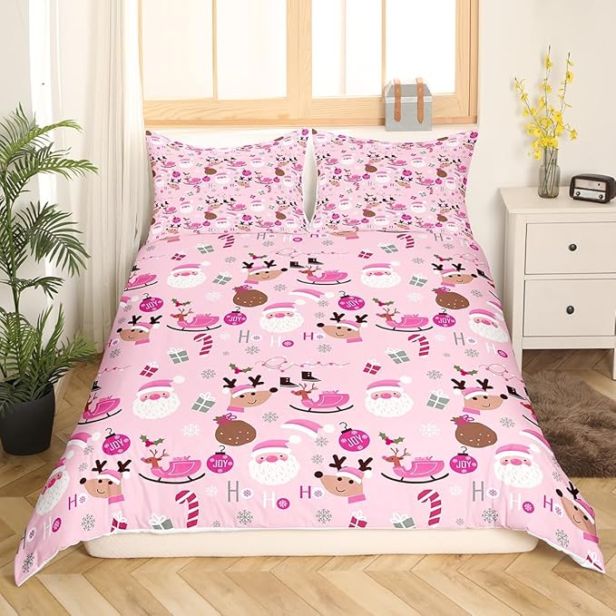 Manfei Christmas Duvet Cover Set Twin Size, Santa Claus and Reindeer Comforter Cover with 1 Pillowcase, New Year Pink Bedding Set 2pcs for Kids Girls Adult Lightweight Bedspread Cover,No Comforter