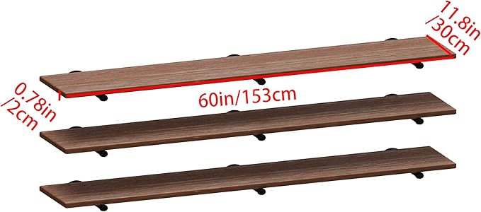IEO Floating Shelves for Wall Shelf 60 inches Long 11.8" Extra Width Farmhouse Bathroom Decor Bedroom Kitchen Shelves Living Room Wall Mounted Set of 3, Rustic Brown Soild Wood