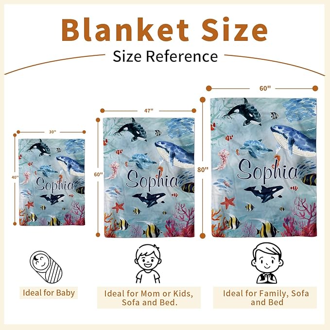 Custom Baby Blanket - Ocean Animals Theme Personalized Name Blanket for Boys Girls, Soft Infant Toddler Blanket with Whale and Dolphin, Customizable Nursery Bedding (30”x40)