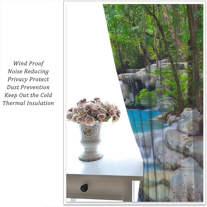 Forest Waterfall Blackout Curtains, Spring Nature Theme Natural Scenery Mountain Scenery Rod Pocket Window Drapes, for Bedroom Living Room 42" W X 63" L