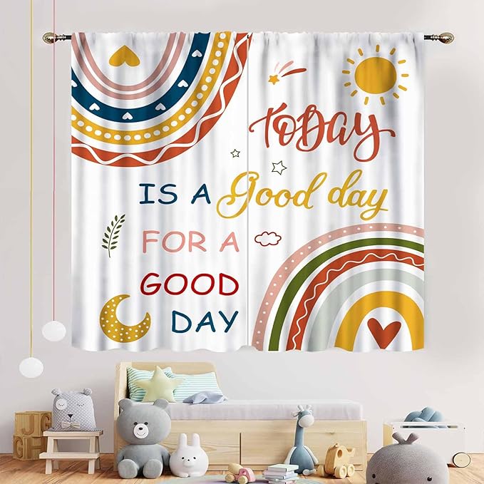 Rainbow Curtains for Classroom, Kids Girls Baby Boho Cute Inspirational Motivational Quotes Cartoon Colorful Pastel Nursery Classroom Bedroom Living Room Bathroom Window Drapes 2 Panels, 55"x63" Inch