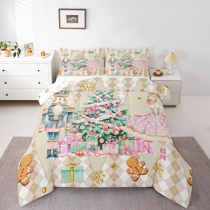 jejeloiu Christmas Nutcracker Comforter Set King Size Gingerbread Man Bedding Set for Kids Boys Girls Xmas Tree Duvet Quilt Beige Bedroom Decor