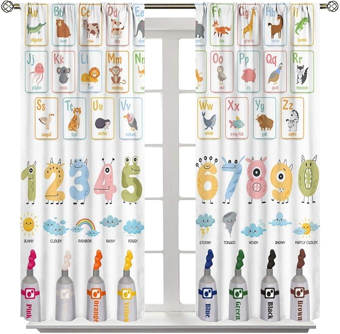 Alphabet Learning Curtain for Kids, Colorful Cartoon Animal Multiplication Table Educational, Classroom Child Printed Rod Pocket Blackout Window Drapes for Bedroom Living Room 63" W X 72" L
