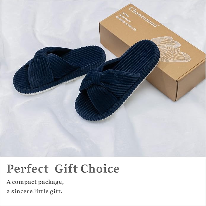 Chantomoo Slippers for Women Memory Foam House Bedroom Corduroy Bow Crossbands Slipper Shoes Comfy Trendy Gift Slippers
