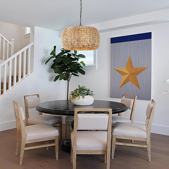 Farmhouse Boho Chandelier, 5-Light with Water Hyacinth Lampshade, for Dining Room, Kitchen Island, Bedroom, Living Room