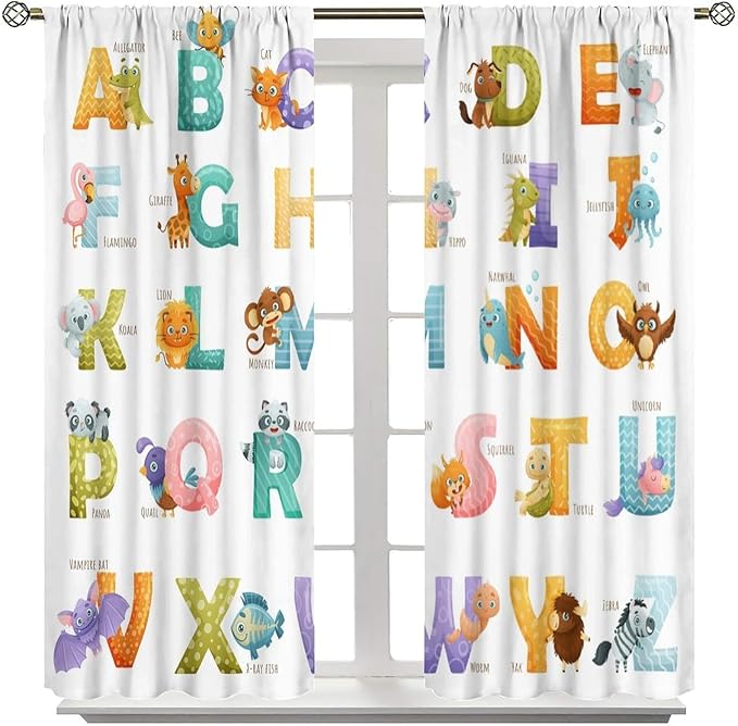 Kids Alphabet Curtains Educational Baby Cartoon Animals Colorful Cute Curtain with Rod Pocket for Nursery Living Room Home Decor Drapes Window Treatments 2 Panels Set 72x63in