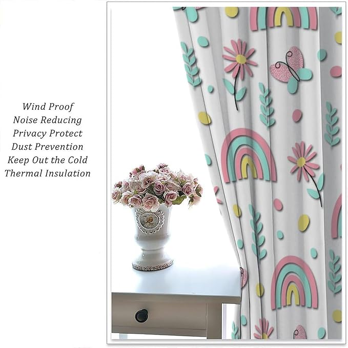 Kids Rainbow Curtains Boho Cartoon Colorful Stars Love Heart Lovely Abstract Art Pattern Print Window Drapes for Girl Bedroom Living Room Kitchen Decor,2 Panel Set,84Wx84H Inch Blackout