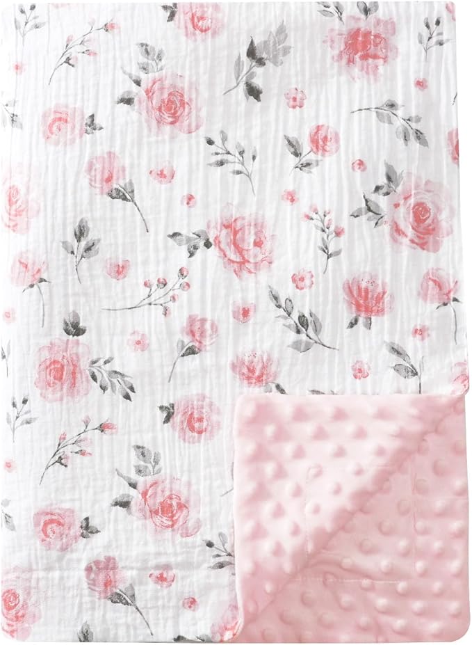 david's kids Muslin Minky Baby Blanket for Girls with Muslin Cotton Front and Dotted Fleece Backing, Breathable and Soft Lightweight Receiving Blanket for Newborns, 30x40 Inches, Floral