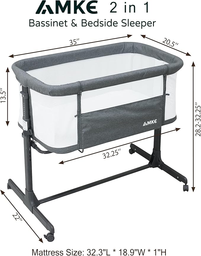 AMKE Baby Bassinet Bedside Sleeper, Portable Bassinet with Wheels, 6-Height Adjustable & Fold Down Side, Full Breathable Mesh Bedside Crib for Baby with Mattress Pad, Easy to Install, Dark Grey