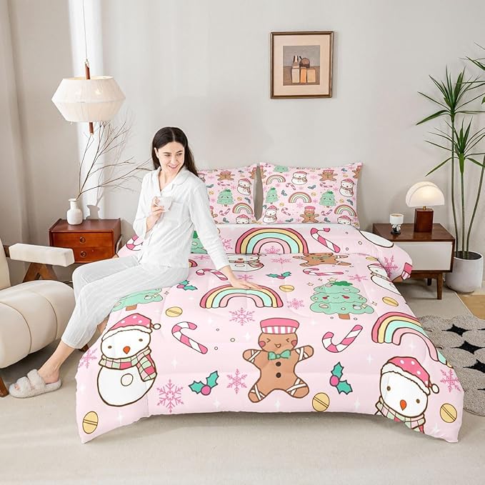 Feelyou Christmas Kids Comforter Set Full Size Merry Christmas Tree and Snowman Bedding Set Gingerbread Man Duvet Quilt for Kids Boys Girls Bedroom Rainbow Print Decor Snowflake Ultra Soft Breathable