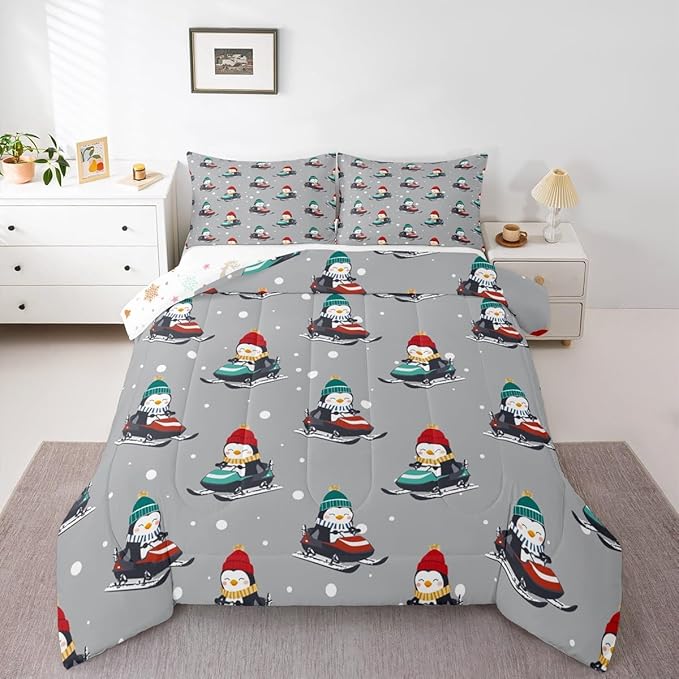 Feelyou Christmas Comforter Set All Season Gray Penguin Bedding Set with 2 Pillow Cases Cartoon Penguin Skiing Microfiber Kids Full Bedclothes Snowflake Bedroom Decor Duvet Quilt Breathable Soft