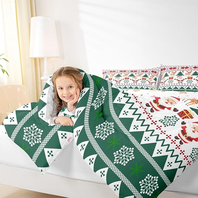 Feelyou Merry Christmas Kids Comforter Set Queen Size Santa Claus Bedding Set Cute Deer Duvet Quilt for Kids Boys Girls Bedroom Snowflake Decor Microfiber Ultra Soft Breathable