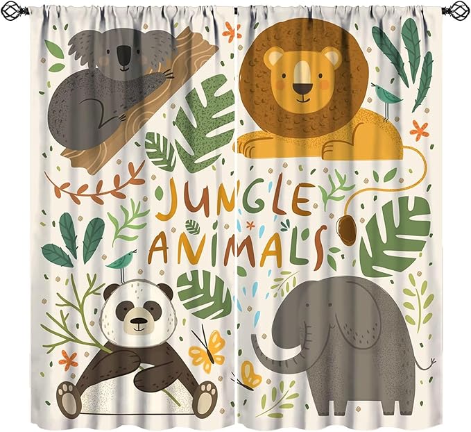 Jungle Animals Curtains Colorful Cute Cartoon Forest Animal Lion Elephant Koala Panda Leaves Kids Bedroom Nursery Bathroom Decor Rod Pocket Blackout 2 Panels 42x54in