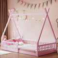 Twin House Bed with Fence Rails, Wood Montessori Floor Bed with Slats Support, Twin Size Teepee Tent Beds Kids Bed Frames for Girls Boys,Pink