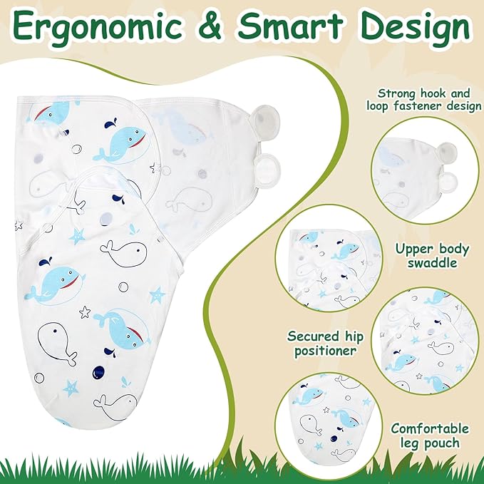 Ramede 6 Pack Preemie Swaddle Blanket with Hats Sleep Swaddle for Baby Boy Girl Preemie Newborn Sacks Soft Cotton Wearable(Whale,Blue and Green)