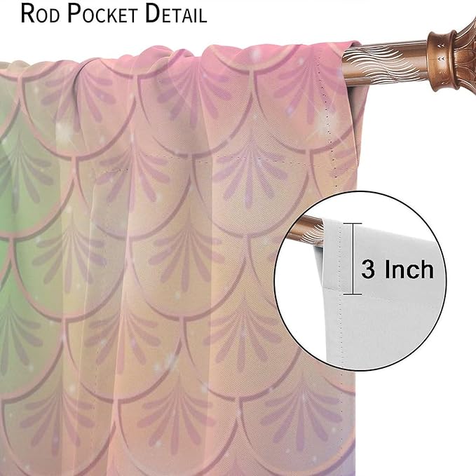 Mermaid Curtains, Kids Cartoon Watercolor Sea Animals Mermaid Princess Scales Pattern Print Living Room Decoration for Kids Girls Bedroom Nursery 63x72 Inch