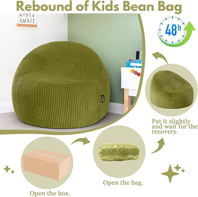 COMAX Bean Bag Chairs for Kids, Toddler BeanBag Sofa with Filler Bean Couch Stuffed for Boys and Girls, Lazy Floor Chair for Playroom, Nursery Room, Light Green