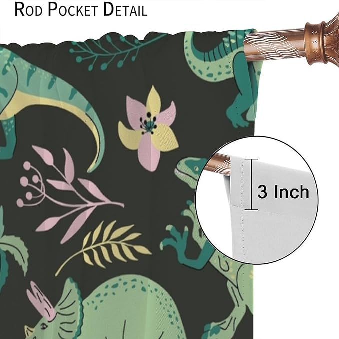 Dinosaurs Blackout Curtains Cartoon Cute Funny Dino Tropical Jungle Green Art Print for Kids Boys Bedroom Living Room Rod Pocket Decoration Window Drapes 2 Panels W31.5xL72in