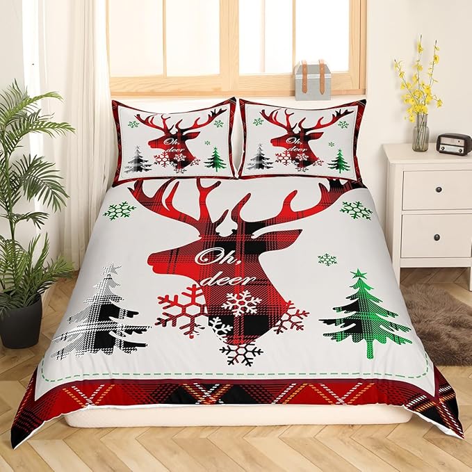 Manfei Xmas Deer Duvet Cover Set Queen Size, Christmas Tree Snowflake Print Comforter Cover with 2 Pillowcases, New Year Theme Bedding Set 3pcs for Kids Boys Girls Bedroom Decor,No Comforter