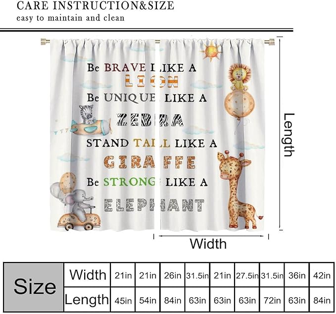 Cartoon Animals Curtains, Cute Jungle Animal Zebra Elephant Lion Giraffe Blackout Window Treatments, Rod Pocket Thermal Insulated Drapes 2 Panel Sets for Kids Bedroom Nursery Classroom, 72"W X 63"L