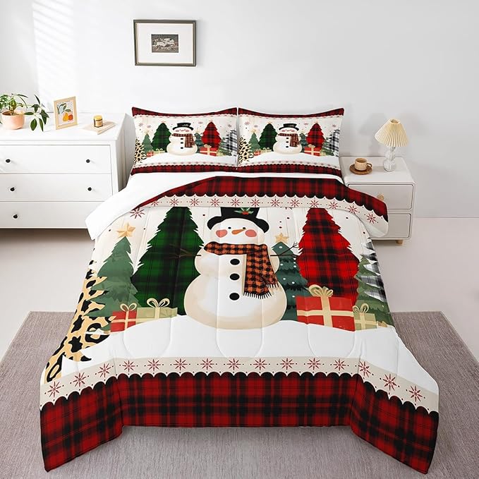 Manfei Snowman Comforter Set Queen Size, Xmas Leopard Plaid Trees Snowflake Down Comforter with 2 Pillowcases, Christmas Theme Bedding Set 3pcs for Kids Girl Bedroom Decor New Year Duvet Insert