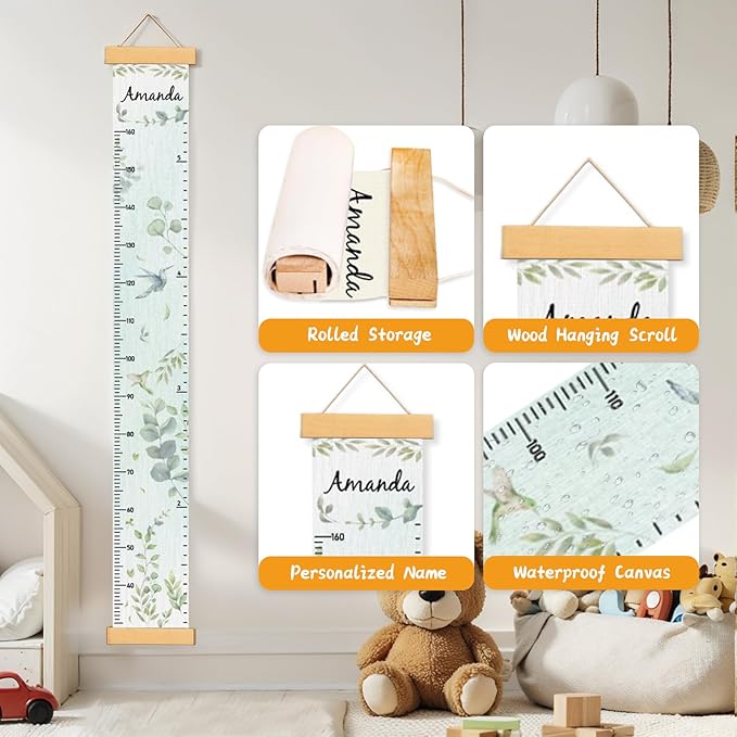 Personalized Name Growth Chart Wall Decor for Kids – Canvas Removable Height Chart Measuring Ruler 59" x 7.9" (Eucalyptus Leaves)