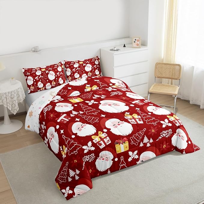 jejeloiu Santa Claus Comforter Set Twin Size Merry Christmas Bedding Set for Kids Boys Girls Xmas Themed Duvet Quilt Red Bedroom Decor