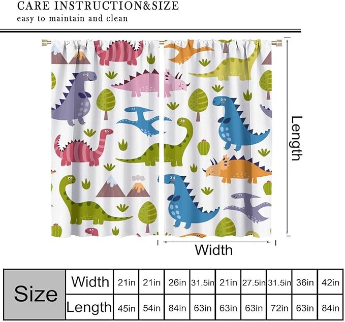 Dino Curtains, Cartoon Style Colorful Dinosaurs Pattern Blackout Window Treatments, Rod Pocket Thermal Insulated Drapes 2 Panel Sets for Kids Bedroom Nursery Classroom, 72" W X 63" L