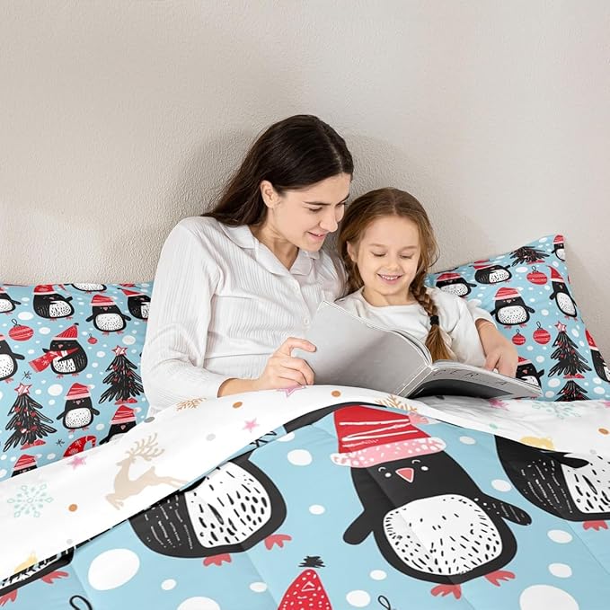 Feelyou Christmas Comforter Set All Season Penguin Bedding Set with 2 Pillow Cases Xmas Tree Microfiber Kids King Bedclothes Christmas Balls Bedroom Decor Duvet Quilt Breathable Soft Lightweight