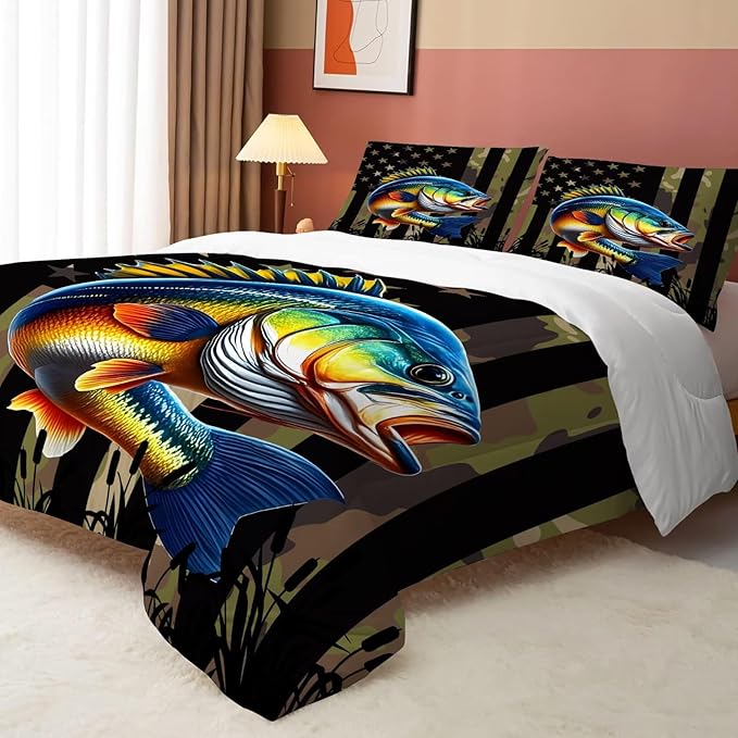 Fish American Flag Comforter Set Full/Queen Size Camouflage Bass Bedding Set for Men Boys Teens Fishing Lover Bedroom Green Farmhouse Bed Set Wild Quilted, 1 Comforter 2 Pillowcases