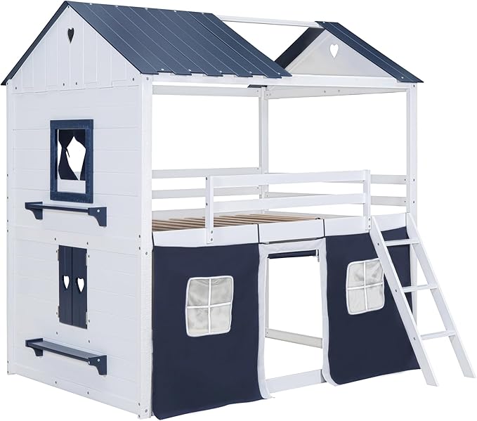 Twin Size House Bunk Bed with Elegant Windows and Sills, Solid Wood Tent Bed Frame with Guardrails for Kids Teens Boys Girls, Versatile Spacious Under Bed Space with Curtains (White+Blue T)