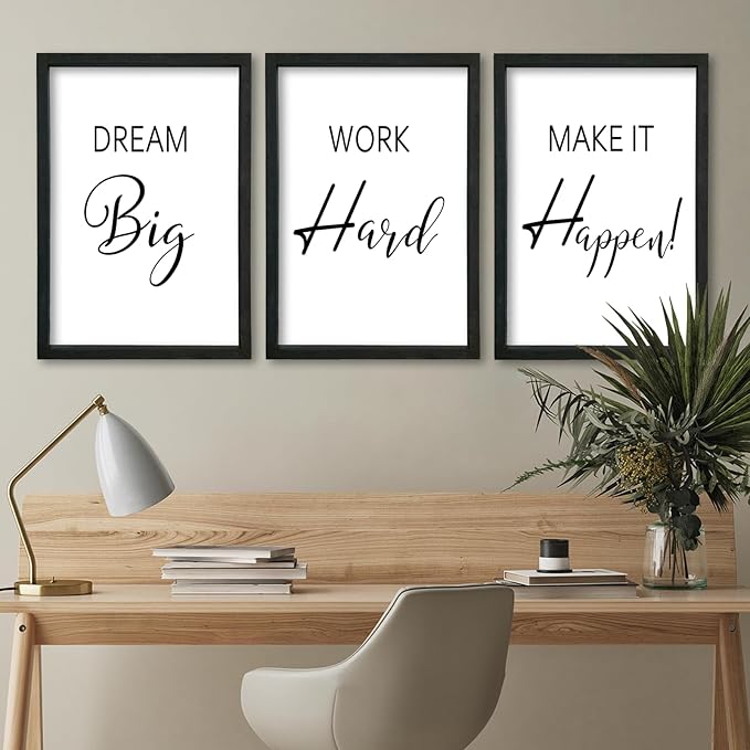 YWJKWLGS Motivational Wall Decor for Office & Home 16x24 Inch Set of 3 Inspirational quotes Wall Art Wood Frame Hanging Dream Big Work Hard Make It Happen positive affirmations Sign (Black)